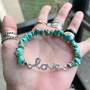 Turquoise gemstones chips cz love charm valentin bracelet + angel wings earrings
